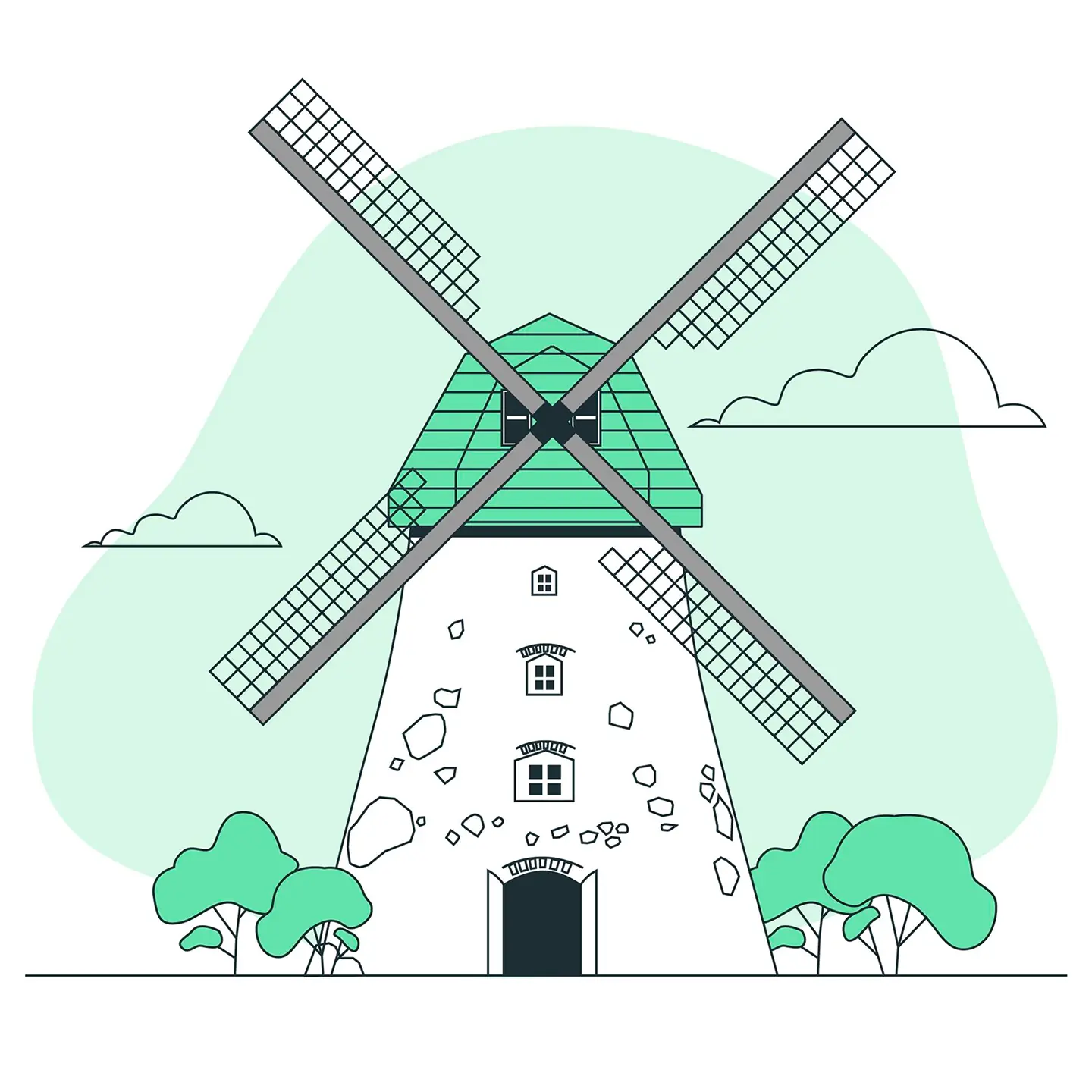 Illustration of a windmill surrounded by trees